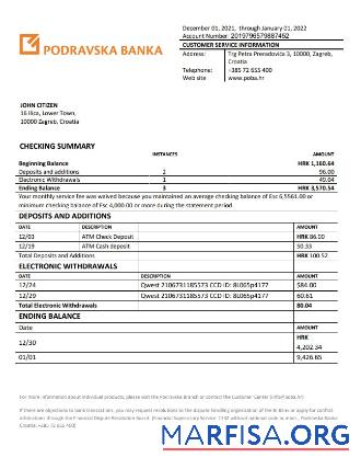 Blank Croatia Podravska bank statement word template